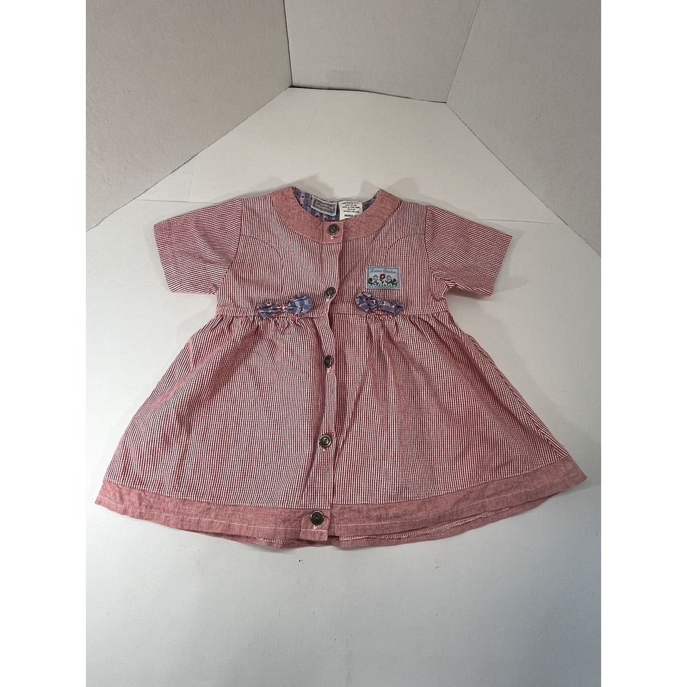 Vintage 24 Month Girl Dress Red White Striped Blue Plaid Bows Flowers Buttons